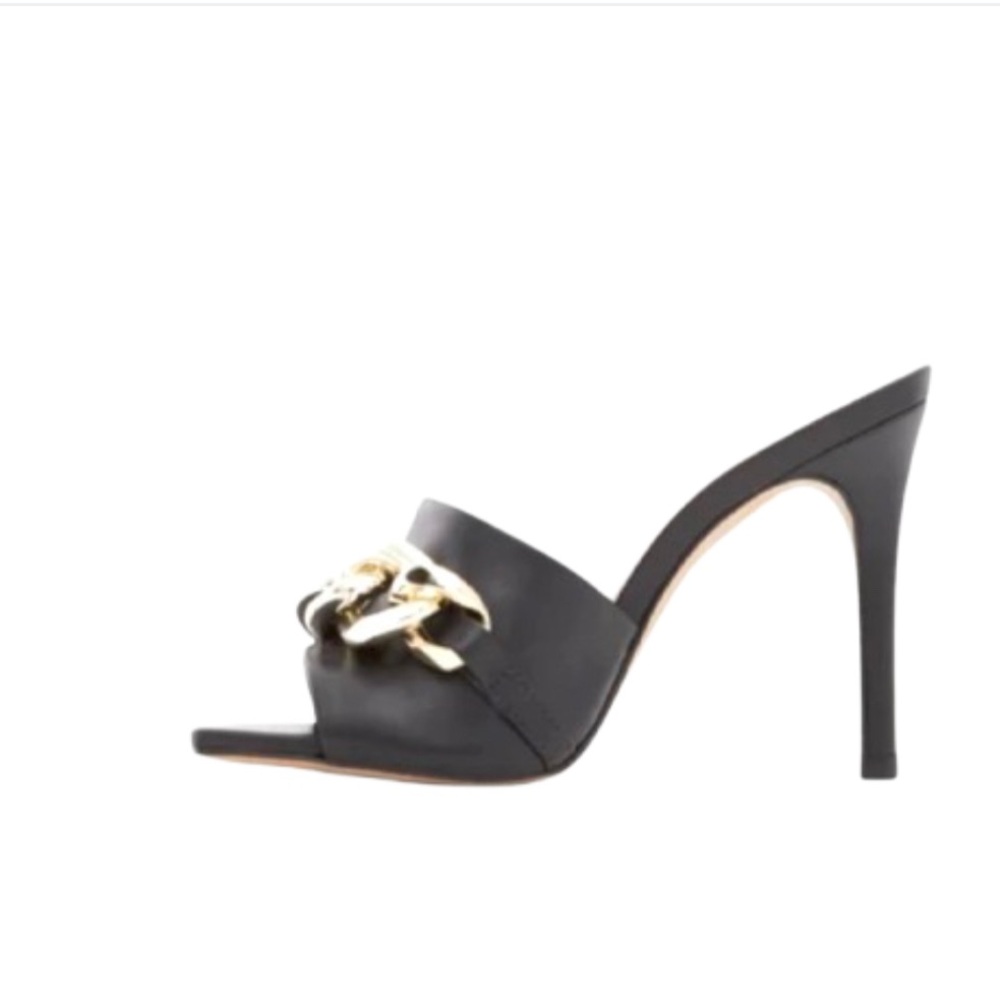 Aldo High Heel Black Leather Square Toe Sandals /Mules w/ Gold Chain Size 6.5 - Picture 3 of 12